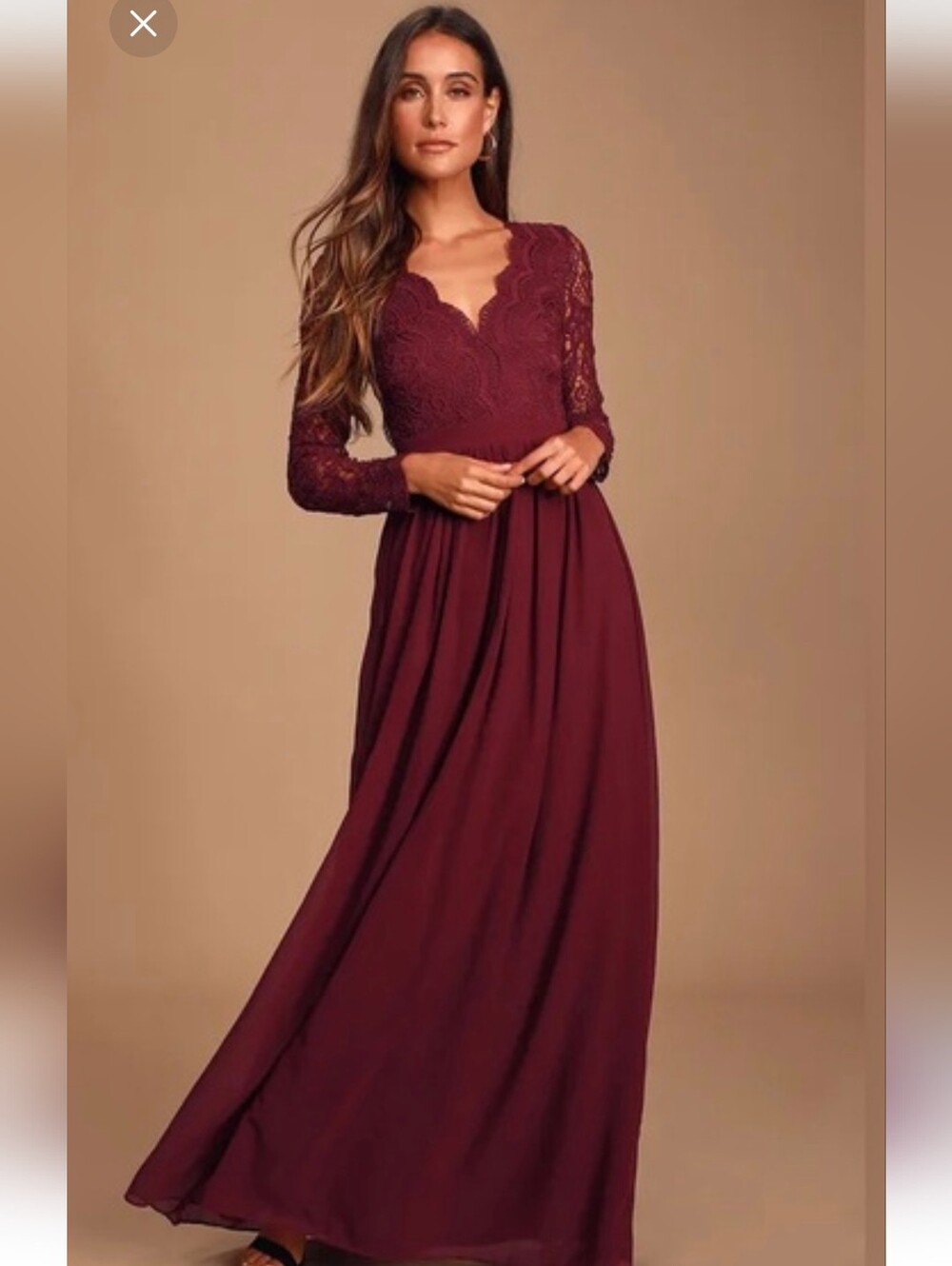 Lulu's Long Sleeve Lace Bodice Maxi Dress in Burgundy